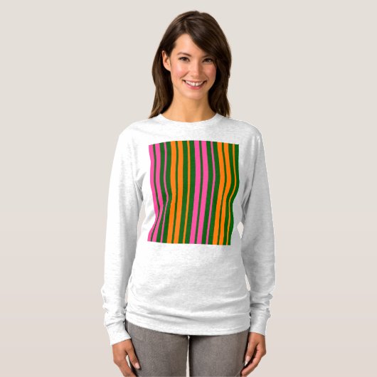 グリーン オレンジ ピンク 縦ストライプ デザイン Tシャツ (正面フル)