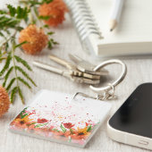 グリーン & オレンジ モダン アブストラクト フラワーデザイン キーホルダー (正面右)