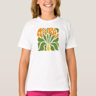 グリーン&オレンジ モダン アブストラクト フラワー Tシャツ