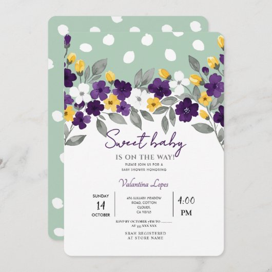 グリーン | カラフルな花のベイビーシャワー招待状 招待状 (正面/裏面)