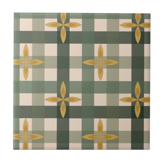 グリーン ギンガムと葉のセラミックタイル タイル (正面)