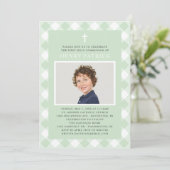 グリーン・ギンガム・プレイド少年の写真のための最初の聖餐式 招待状 (スタンド正面)