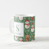 グリーン クリスマス スノーマン+トナカイ モノグラム 名前入り コーヒーマグカップ (正面左)