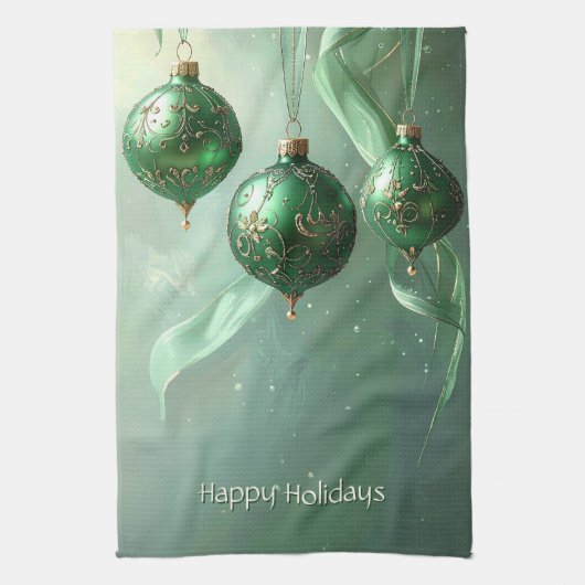 グリーン クリスマス ボール ホリデー キッチンタオル (縦)