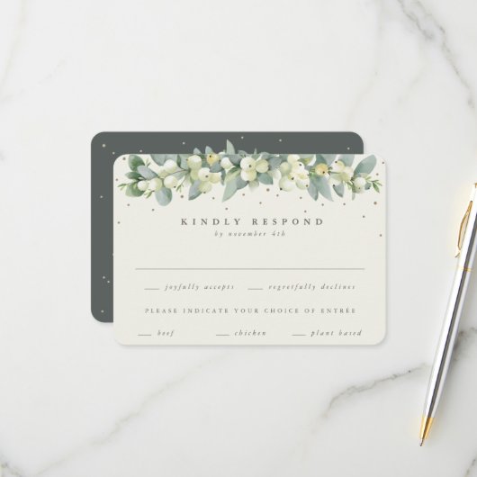 グリーン/クリームスノーベリー+ユーカリプタスガーランド結婚ズ 出欠カード (正面/裏面インサイチュ)