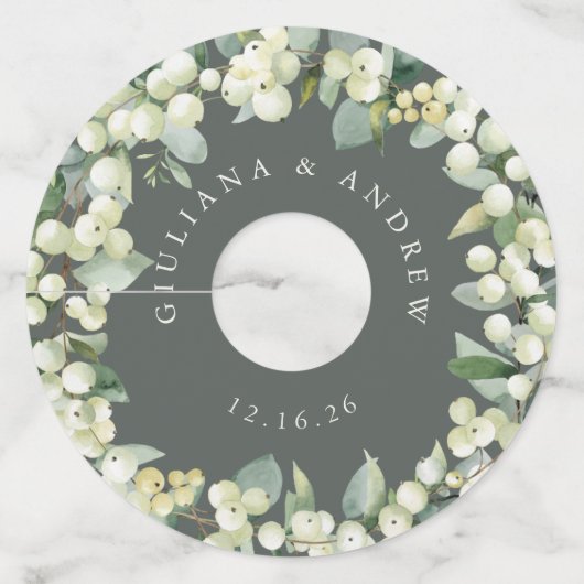 グリーン/クリームスノーベリー&ユーカリ冬の結婚式 ワイングラスタグ (正面)