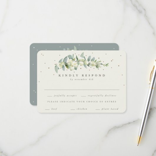 グリーン/クリームスノーベリー+ユーカリ結婚ステムズ 出欠カード (正面/裏面インサイチュ)