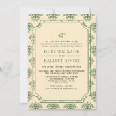 グリーン クリーム イカット アナンド カラージ シーク教 結婚式 招待状 (正面)