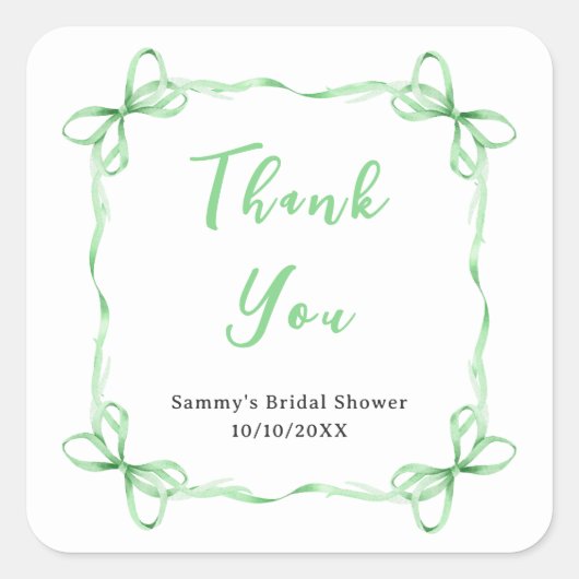 グリーン コケット リボン ブライダルシャワー サンクス スクエアシール (正面)