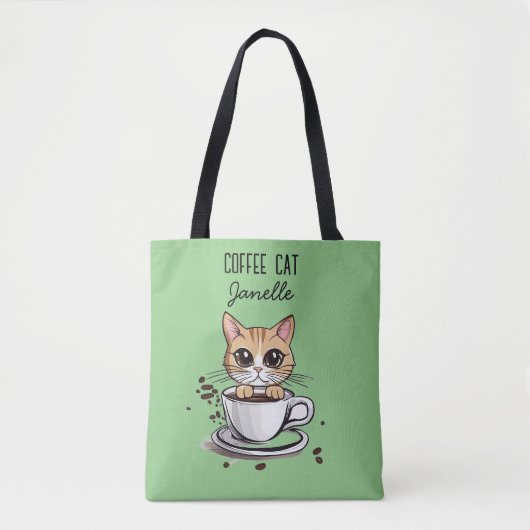 グリーン コーヒー 猫 楽しい トートバッグ (正面)