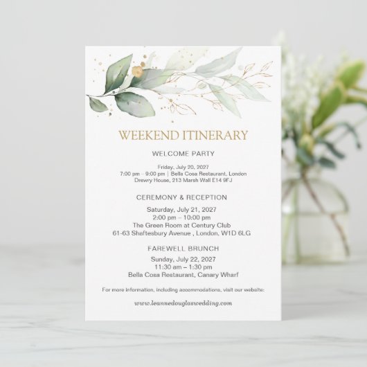 グリーン&ゴールドのウェディングウィークエンドの予定 招待状 (スタンド正面)