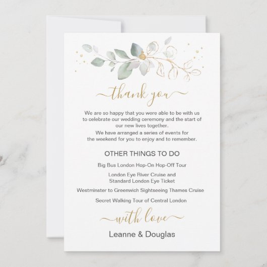 グリーン＆ゴールドのウェディングウィークエンドの予定 招待状 (裏面)