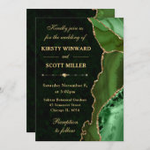 グリーン＆ゴールドのグリッターアゲートと大理石のウェディング 招待状 (正面/裏面)