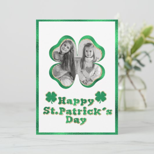 グリーン&ゴールドのグリッタークローバー写真 St. Patrick's シーズンカード (スタンド正面)