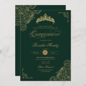 グリーン&ゴールドのローズ エレガントなキンセアニェラ 招待状 (正面/裏面)