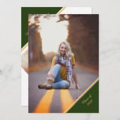 グリーン＆ゴールドの写真付き卒業発表 招待状 (正面/裏面)