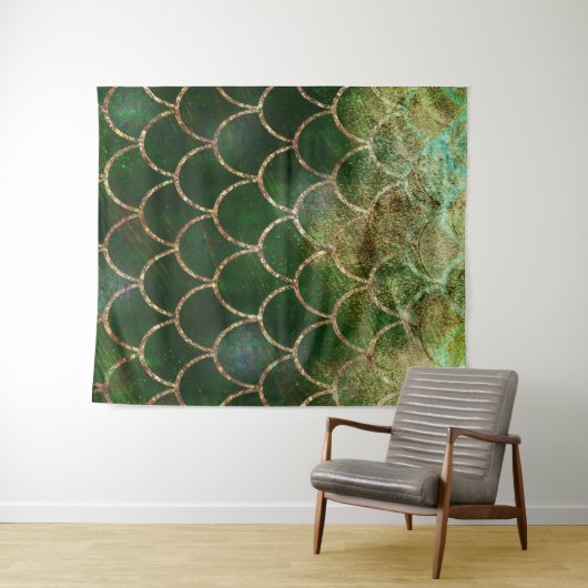 グリーン＆ゴールドの輝くマーメイドの魚のうろこ タペストリー (インサイチュ(横))