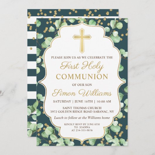 グリーン ゴールド グリッター 初めての聖体拝領 招待状 (正面/裏面)