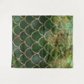 グリーン＆ゴールド シマー マーメイド 魚の鱗 タペストリー (正面(横))