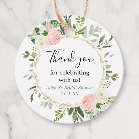 グリーン ゴールド ピンク ユーカリ ブライダルシャワー フェイバータグ (正面)