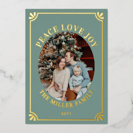 グリーン&ゴールド ピース ラブ ジョイ オバール 写真 クリスマス 箔シーズンカード