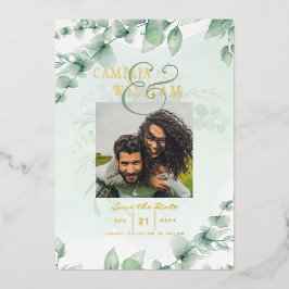 グリーン ゴールド フォイル 写真 QRコード ウェディング セーブデート 箔招待状