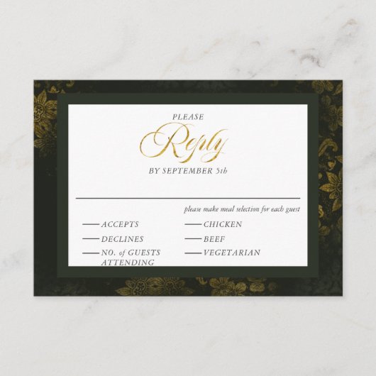 グリーン＆ゴールド フローラル エレガント カリグラフィー ウェディング エンクロージャーカード (正面)