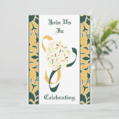 グリーン・ゴールド・ホワイトのダマスク柄 ウェディング招待状 招待状 (スタンド正面)