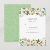 グリーン ゴールド ホワイト フラワーの結婚式 出席確認カード 出欠カード (正面/裏面)