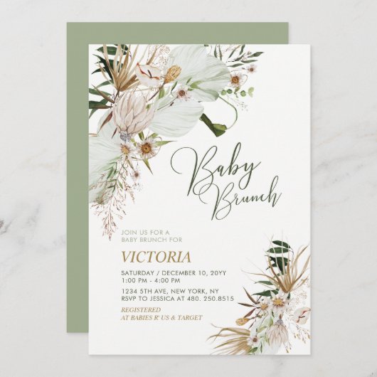 グリーン＆ゴールド ボホ ボタニカル ベイビー シャワー ブランチ 招待状 (正面/裏面)