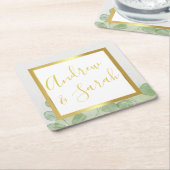 グリーン&ゴールド ユーカリ スクエアペーパーコースター (アングル)