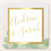 グリーン&ゴールド ユーカリ スクエアペーパーコースター (正面)
