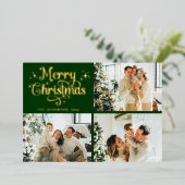 グリーン&ゴールド レトロ クリスマス 家族写真コラージュ 箔シーズンカード (立ち正面)