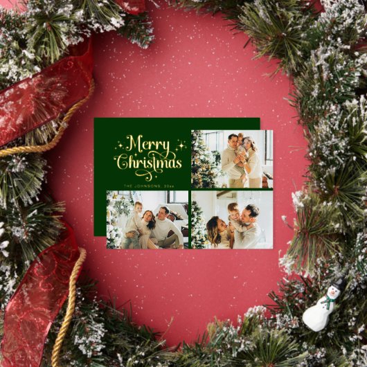 グリーン&ゴールド レトロ クリスマス 家族写真コラージュ 箔シーズンカード (インサイチュ)