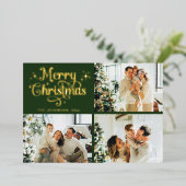 グリーン&ゴールド レトロ クリスマス 家族写真コラージュ 箔シーズンカード (立ち正面)