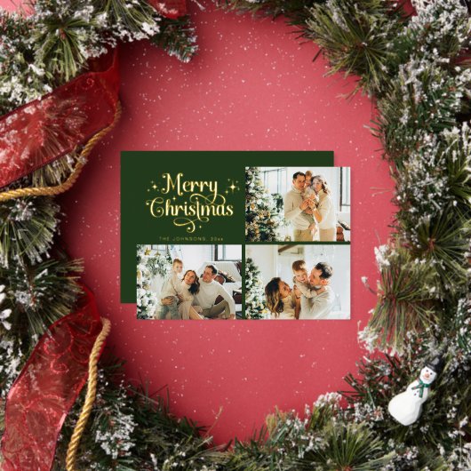 グリーン&ゴールド レトロ クリスマス 家族写真コラージュ 箔シーズンカード (インサイチュ)