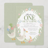 グリーン シリー グース フローラル ギンガム ファースト バースデー 招待状 (正面/裏面)
