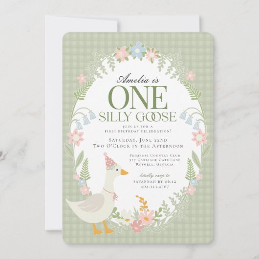 グリーン シリー グース フローラル ギンガム ファースト バースデー 招待状 (正面)