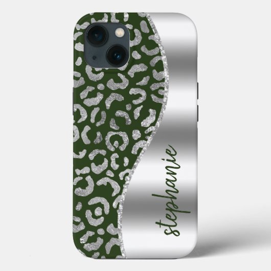 グリーン＋シルバーの豹柄メタリックデザイン 名前入り Case-Mate iPhoneケース (裏面)