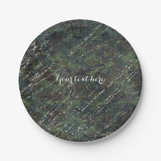 グリーン&シルバーアーミー迷彩柄スパークルグラムパーティー ペーパープレート (正面)