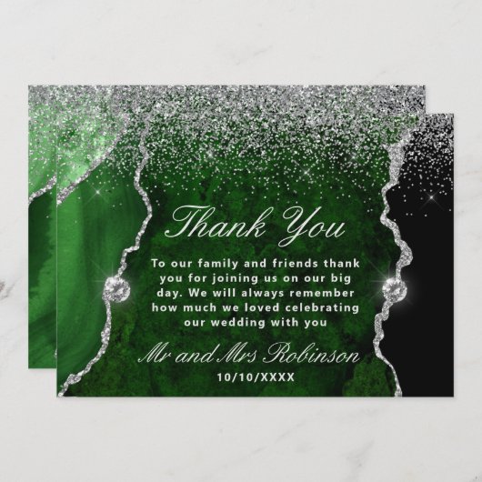 グリーン&シルバーグリッターアゲート結婚大理石ズ サンキューカード (正面/裏面)