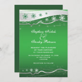 グリーン、シルバーグレー スノーフレーク ウィンター ウェディング 招待状 (正面/裏面)