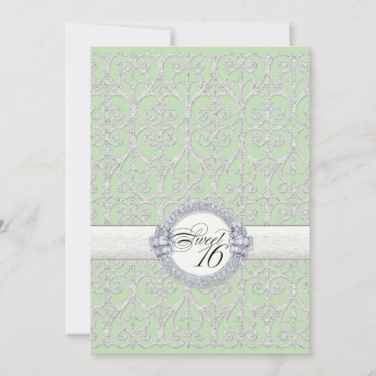 グリーン&シルバーダイヤモンド&レース、Sweet sixteen16 招待状 (正面)