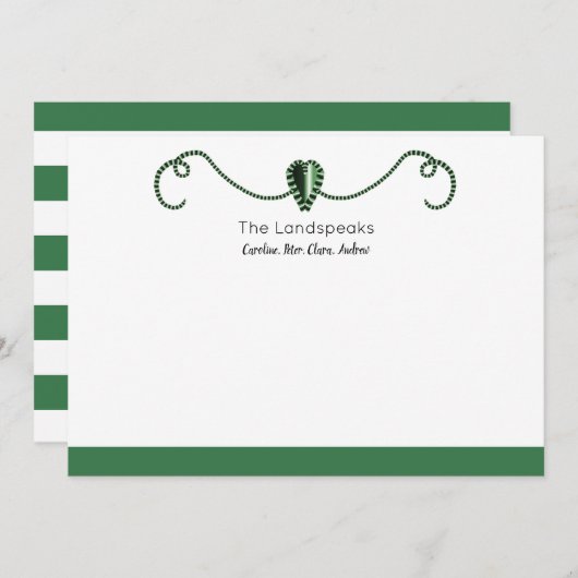 グリーン、シルバーハートシェイプおよびクラシックストライプ ノートカード (正面/裏面)