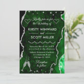 グリーン&シルバーフェイクグリッターアゲートマーブル結婚ズ 招待状 (スタンド正面)