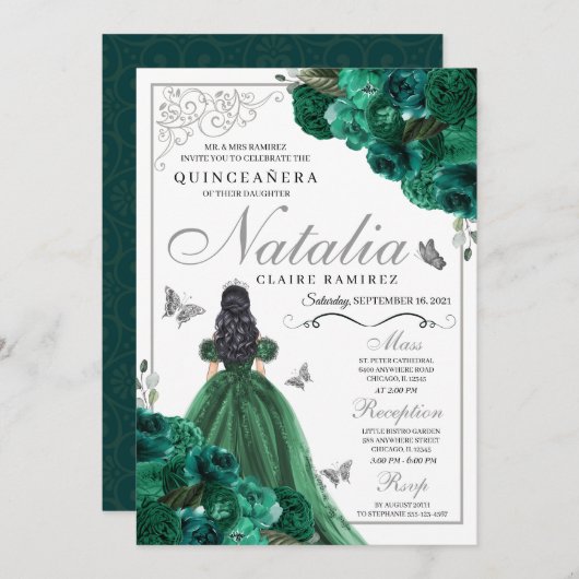 グリーン&シルバーフローラプリンセスドレスキンセアニェラ 招待状 (正面/裏面)