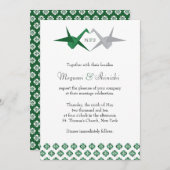 グリーン/シルバー折り紙の鶴のウェディング 招待状 (正面/裏面)