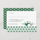 グリーン/シルバー折り鶴の結婚式RSVP 招待状 (正面/裏面)