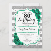 グリーン シルバー ホワイト ストライプ ローズ 80歳の誕生日 招待状 (正面)