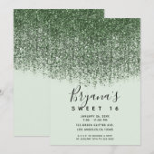 グリーン スパークリー グリッター スイート16 バースデーパーティー 招待状 (正面/裏面)